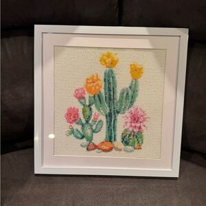 Framed Cactus Art with Colorful Flowers